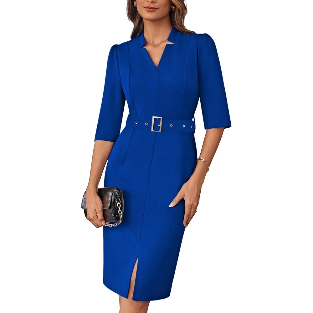 image:imageGRACE KARIN Womens Work Dress 34 Sleeve V Neck Bodycon Dress with BeltRoyal Blue
