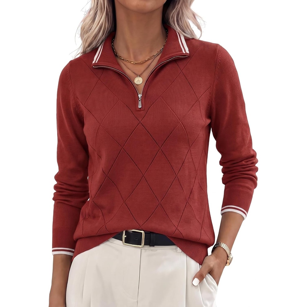 image:imageJACK SMITH Quarter Zip Pullover Sweaters for Womens Rib Polo Sweater TopsDark Red