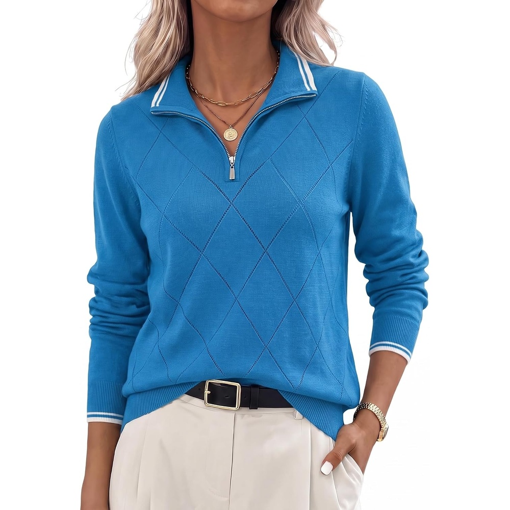 image:imageJACK SMITH Quarter Zip Pullover Sweaters for Womens Rib Polo Sweater TopsDodger Blue