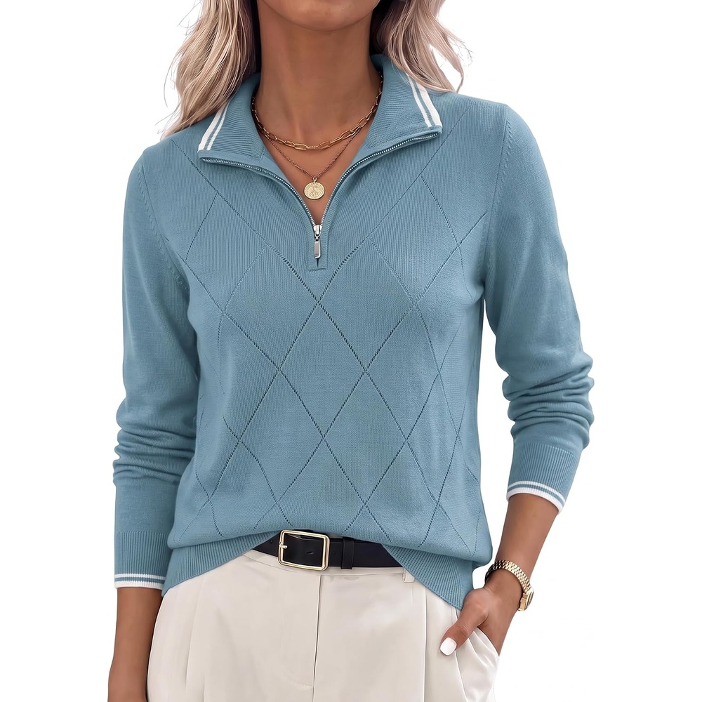 image:imageJACK SMITH Quarter Zip Pullover Sweaters for Womens Rib Polo Sweater TopsLake Blue