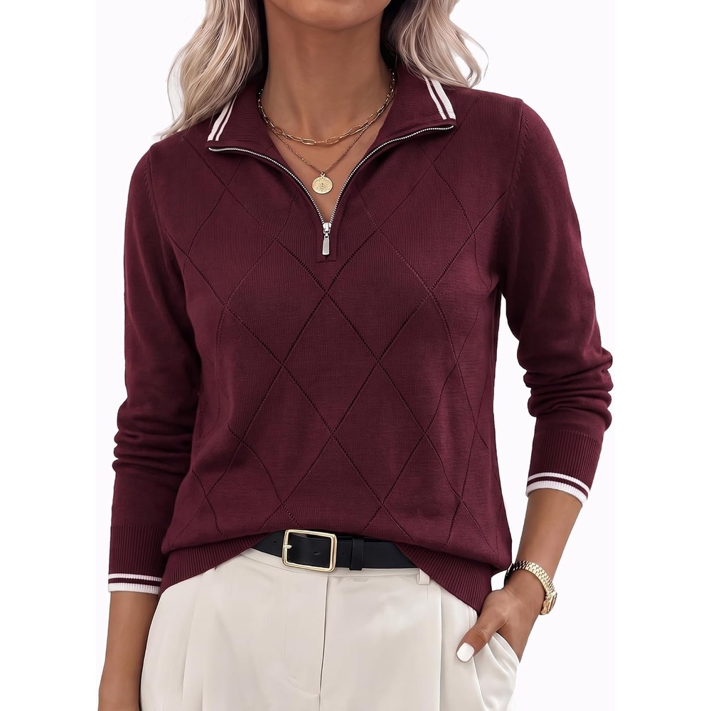 image:imageJACK SMITH Quarter Zip Pullover Sweaters for Womens Rib Polo Sweater TopsWine Red