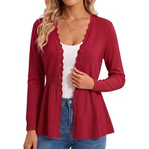 GRACE KARIN Cardigan Sweaters for Women Lightweight, Long Sleeve Knit Blazer, V Neck Scalloped Button Up Peplum Tops(Red)