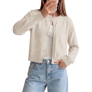 GRACE KARIN Cropped Cardigan Sweaters for Women Long Sleeve Crew Neck Open Front Jackets Y2K Fall Fashion Clothes 2026(Beige)