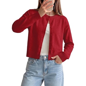 GRACE KARIN Cropped Cardigan Sweaters for Women Long Sleeve Crew Neck Open Front Jackets Y2K Fall Fashion Clothes 2026(Red)