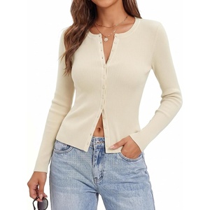 GRACE KARIN Fall Fitted Cardigan Sweaters for Women Button Up Ribbed Knit(Apricot)