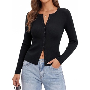 GRACE KARIN Fall Fitted Cardigan Sweaters for Women Button Up Ribbed Knit(Black)