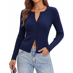 GRACE KARIN Fall Fitted Cardigan Sweaters for Women Button Up Ribbed Knit(Navy)