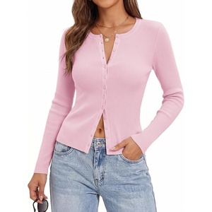 GRACE KARIN Fall Fitted Cardigan Sweaters for Women Button Up Ribbed Knit(Pink)