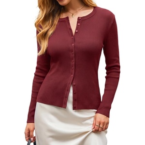 GRACE KARIN Fall Fitted Cardigan Sweaters for Women Button Up Ribbed Knit(Red)