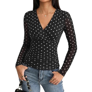 GRACE KARIN Womens Boho Mesh Tops Long Sleeve Blouses Dressy Casual(Black Polka Dot)