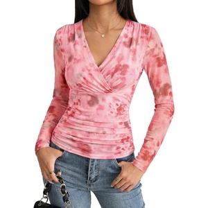 GRACE KARIN Womens Boho Mesh Tops Long Sleeve Blouses Dressy Casual(Multi Pink)