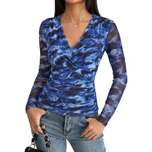 GRACE KARIN Womens Boho Mesh Tops Long Sleeve Blouses Dressy Casual(Royal Blue)