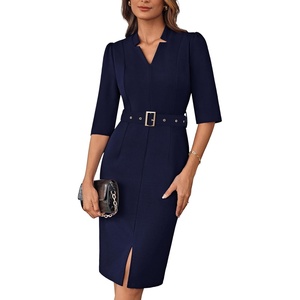 GRACE KARIN Women’s Work Dress 3/4 Sleeve V Neck Bodycon Dress with Belt(Navy)