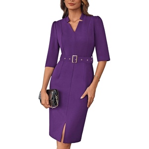 GRACE KARIN Women’s Work Dress 3/4 Sleeve V Neck Bodycon Dress with Belt(Purple)