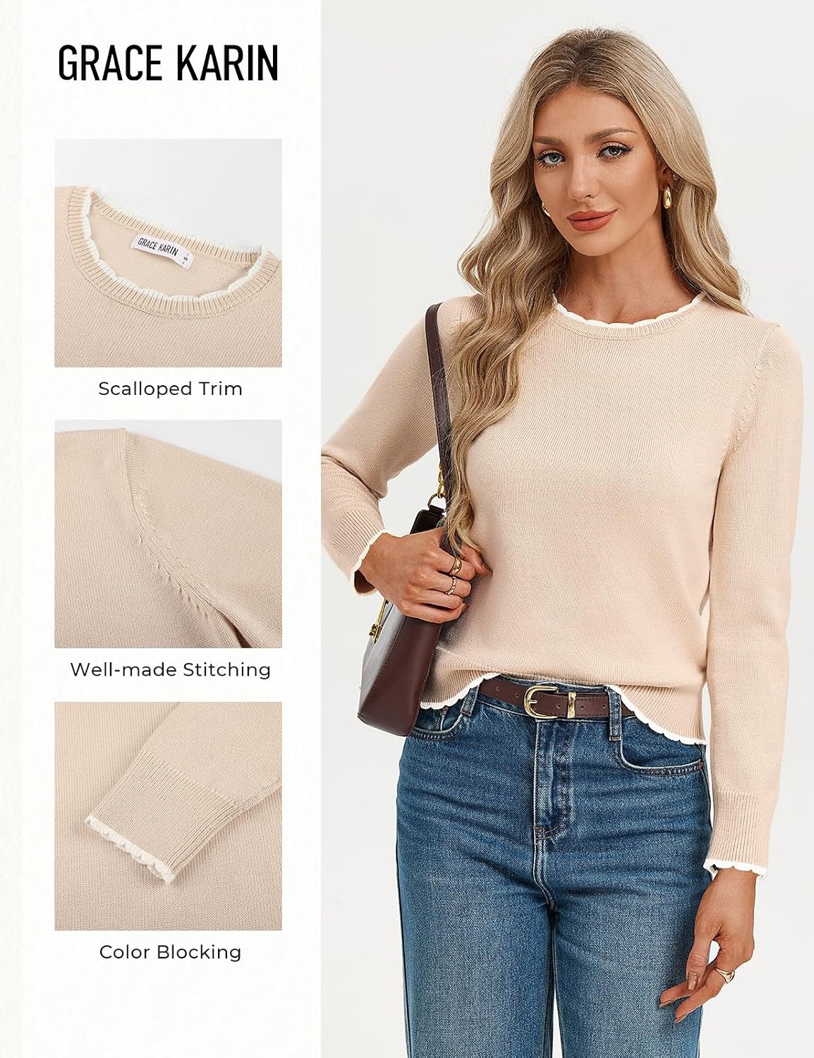image:imageGRACE KARIN Cropped Sweaters for Women Lightweight Crew Neck Work Knit TopsBeige