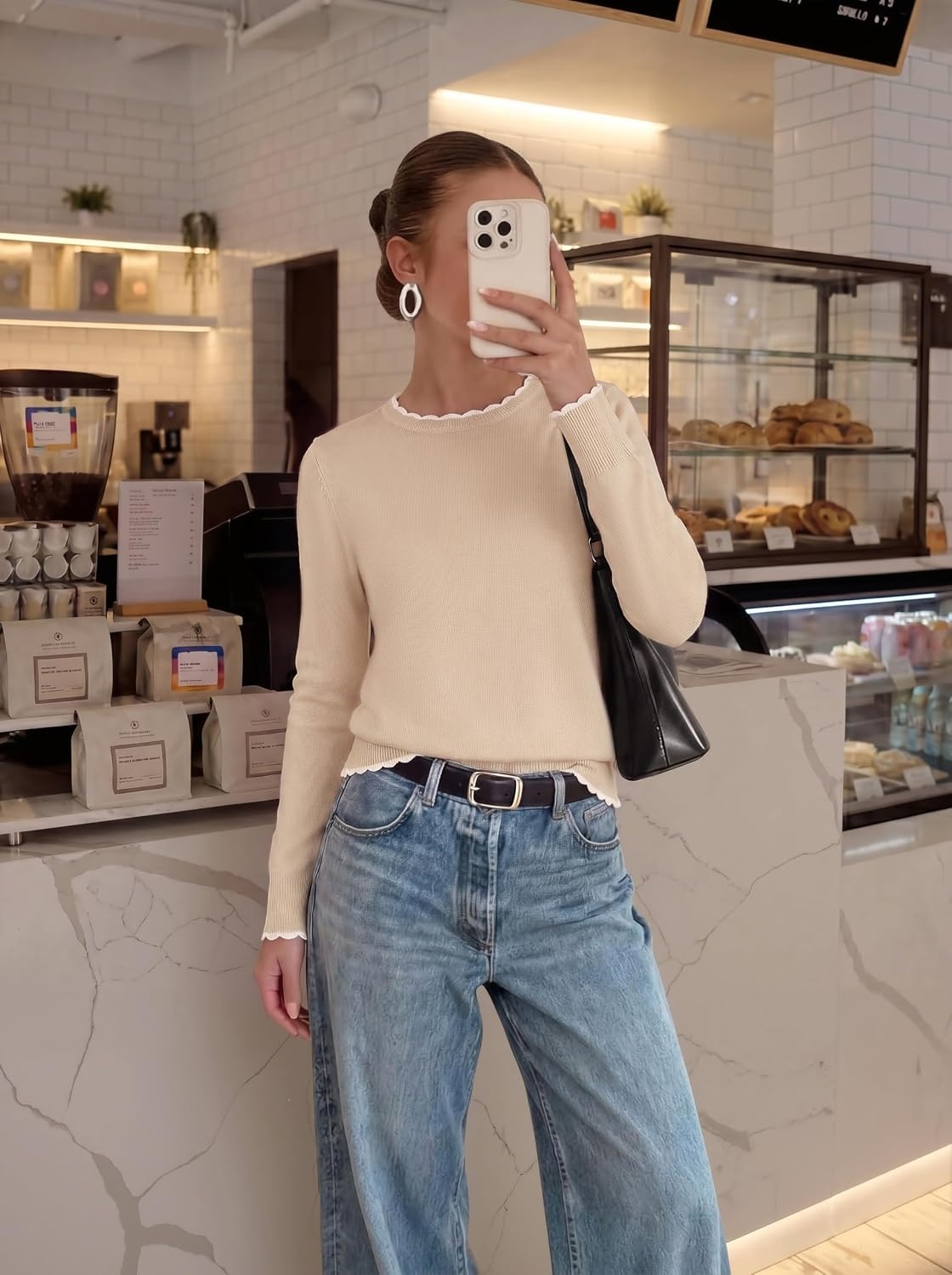 image:imageGRACE KARIN Cropped Sweaters for Women Lightweight Crew Neck Work Knit TopsBeige