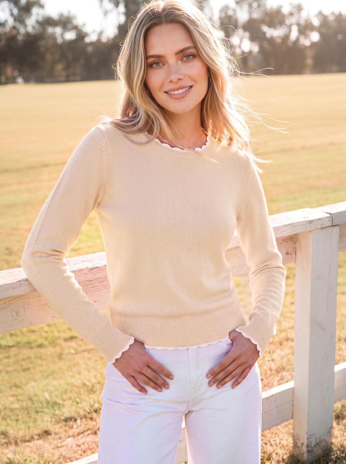 image:imageGRACE KARIN Cropped Sweaters for Women Lightweight Crew Neck Work Knit TopsBeige