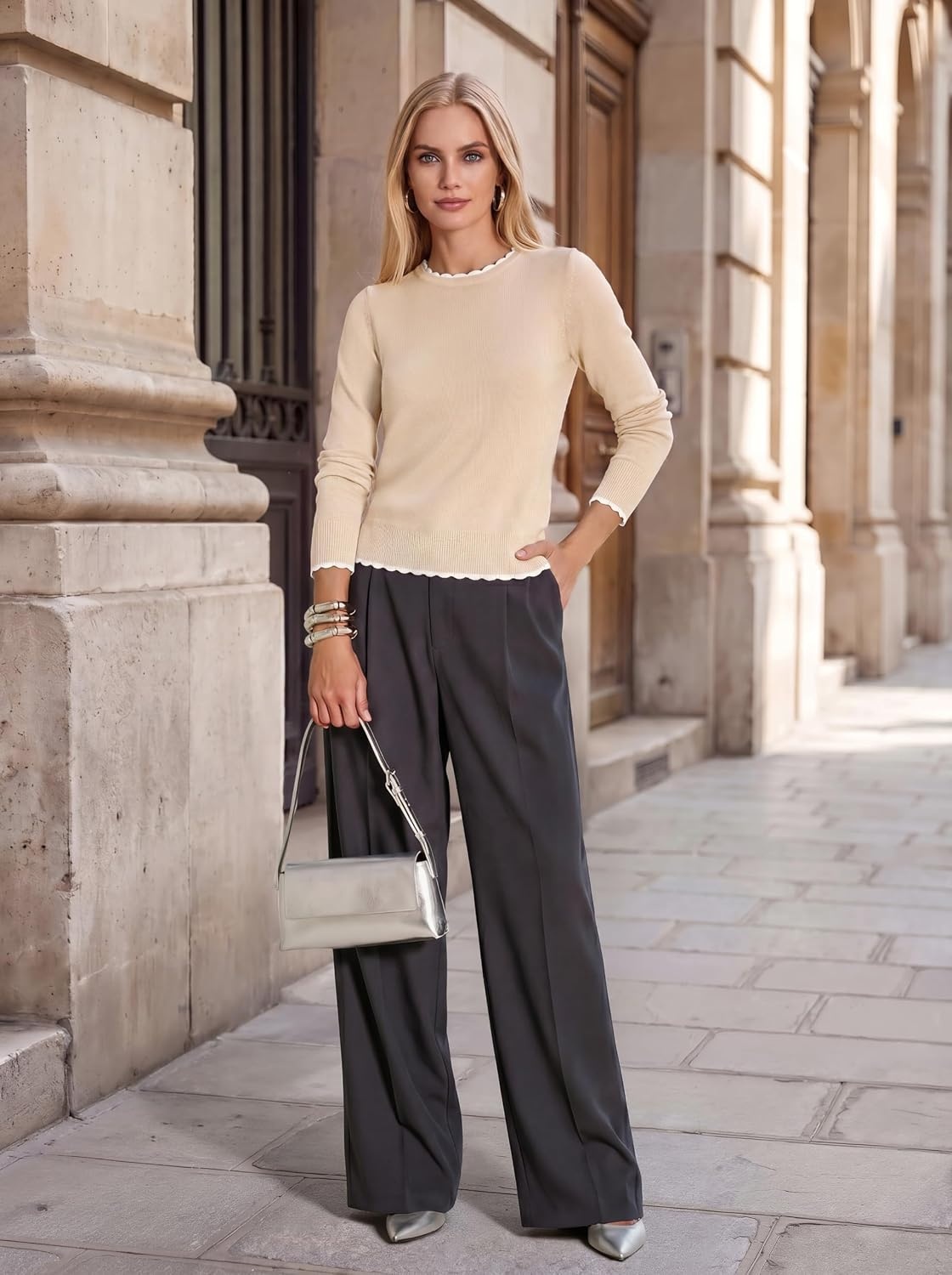image:imageGRACE KARIN Cropped Sweaters for Women Lightweight Crew Neck Work Knit TopsBeige