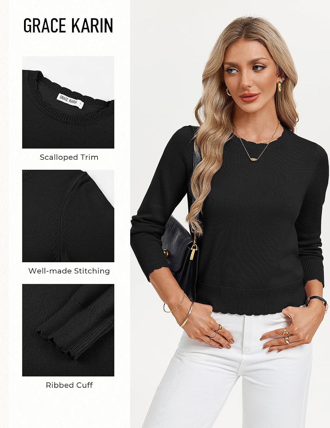 image:imageGRACE KARIN Cropped Sweaters for Women Lightweight Crew Neck Work Knit TopsBlack