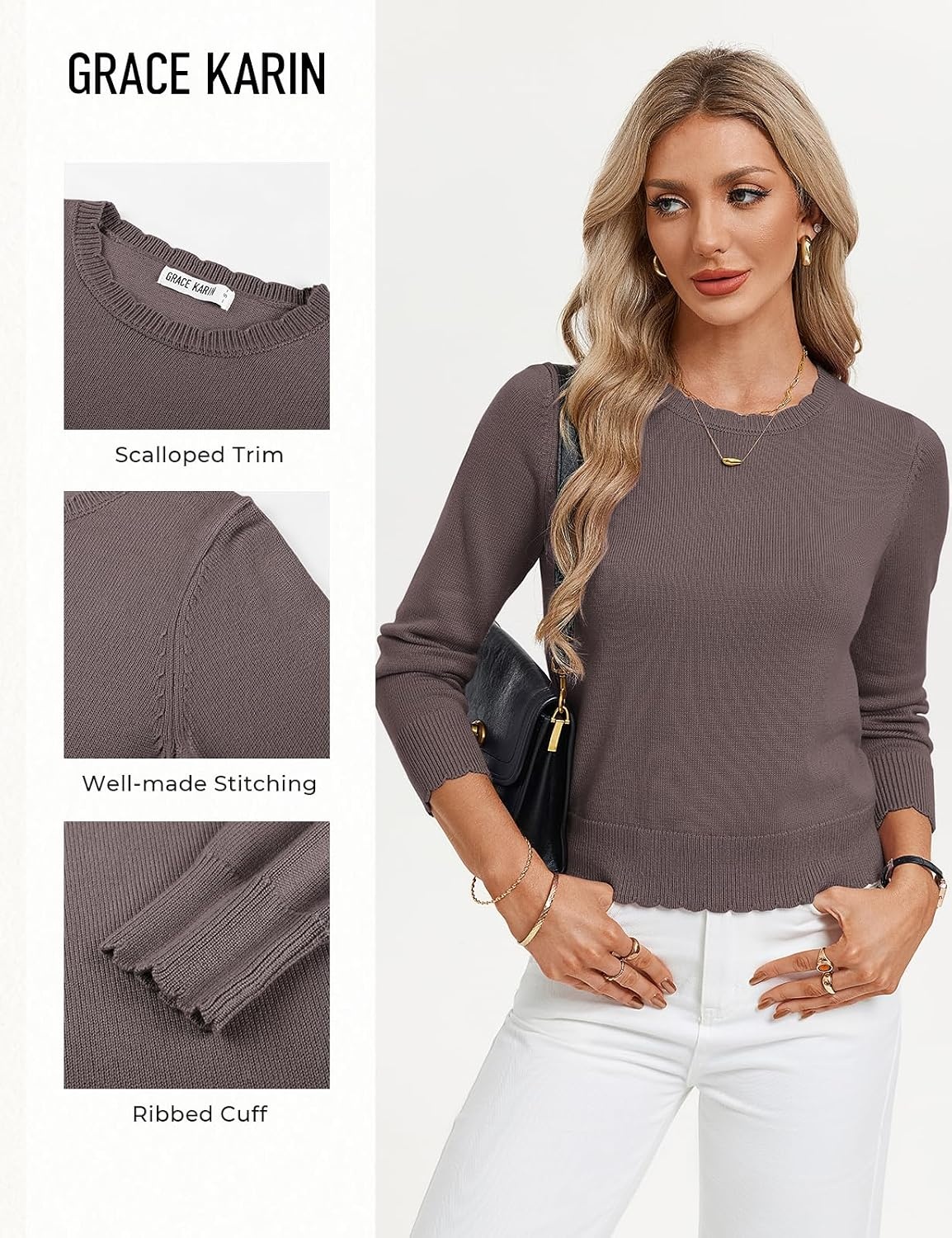image:imageGRACE KARIN Cropped Sweaters for Women Lightweight Crew Neck Work Knit TopsCoffee