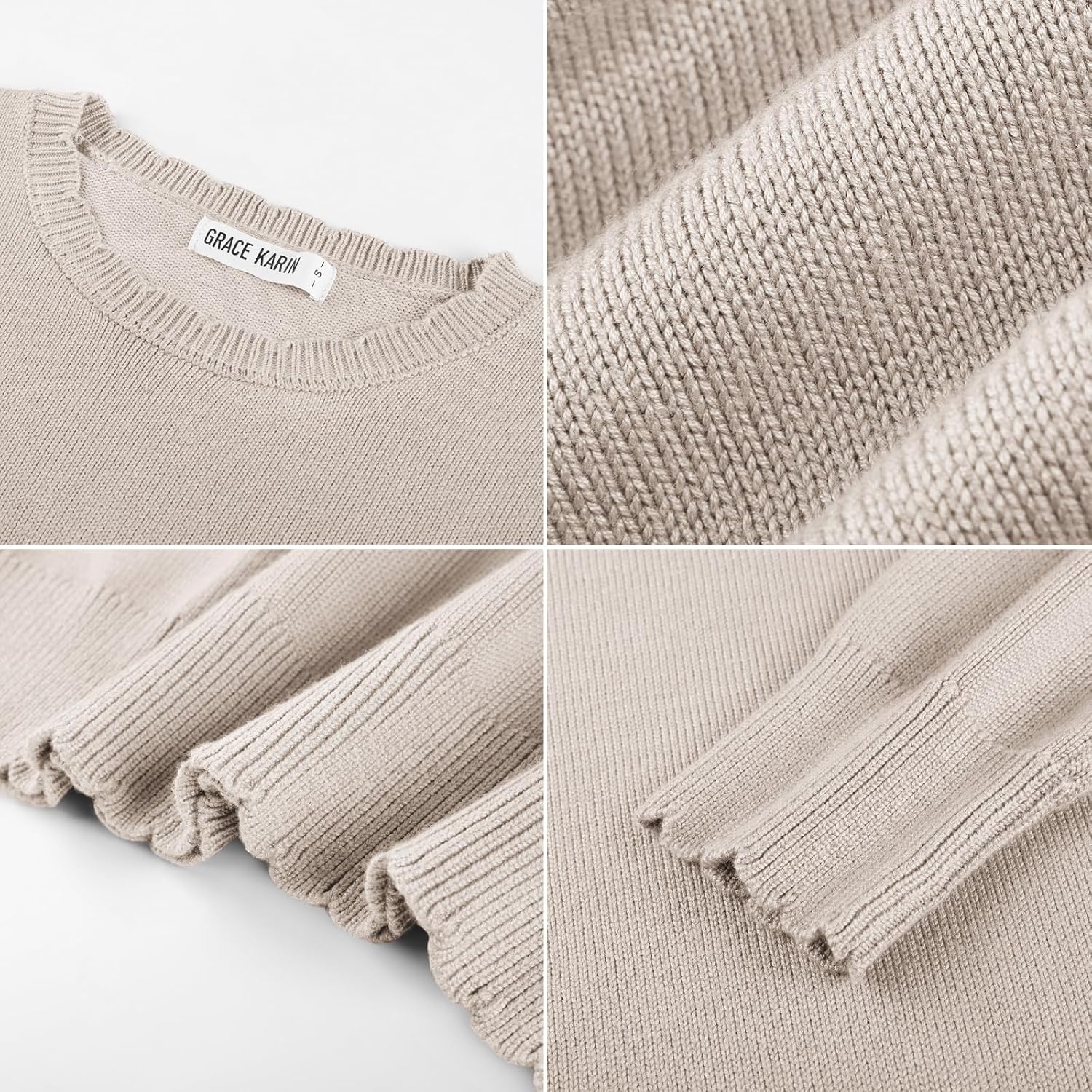 image:imageGRACE KARIN Cropped Sweaters for Women Lightweight Crew Neck Work Knit TopsLight Almond