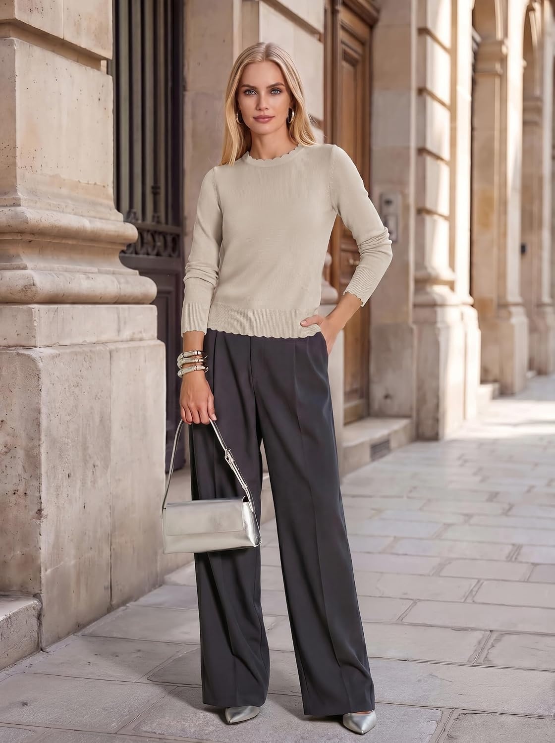 image:imageGRACE KARIN Cropped Sweaters for Women Lightweight Crew Neck Work Knit TopsLight Almond