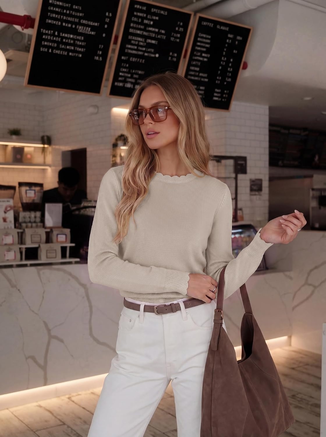image:imageGRACE KARIN Cropped Sweaters for Women Lightweight Crew Neck Work Knit TopsLight Almond