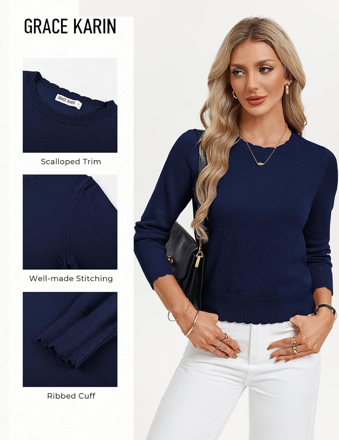 image:imageGRACE KARIN Cropped Sweaters for Women Lightweight Crew Neck Work Knit TopsNavy Blue