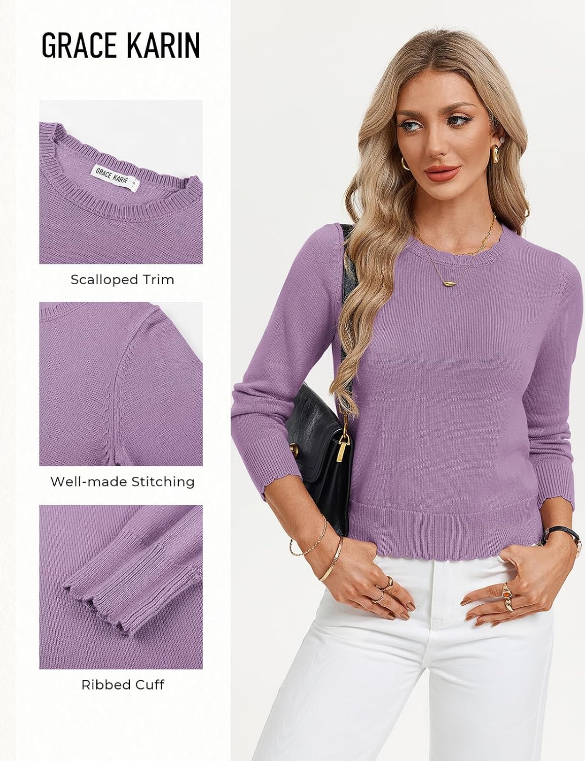 image:imageGRACE KARIN Cropped Sweaters for Women Lightweight Crew Neck Work Knit TopsPurple