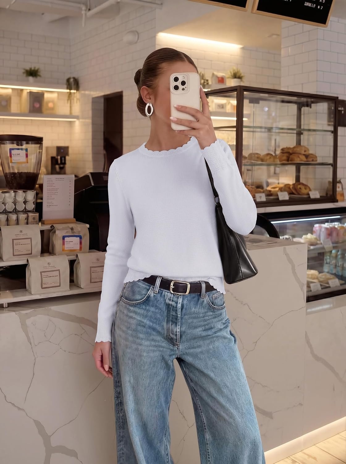 image:imageGRACE KARIN Cropped Sweaters for Women Lightweight Crew Neck Work Knit TopsWhite