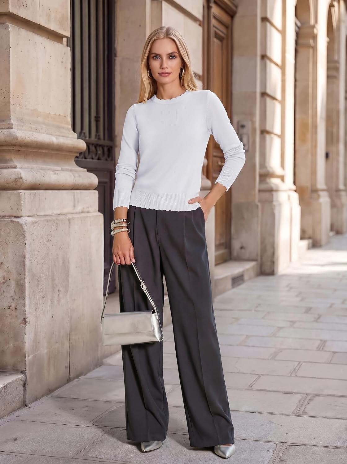 image:imageGRACE KARIN Cropped Sweaters for Women Lightweight Crew Neck Work Knit TopsWhite