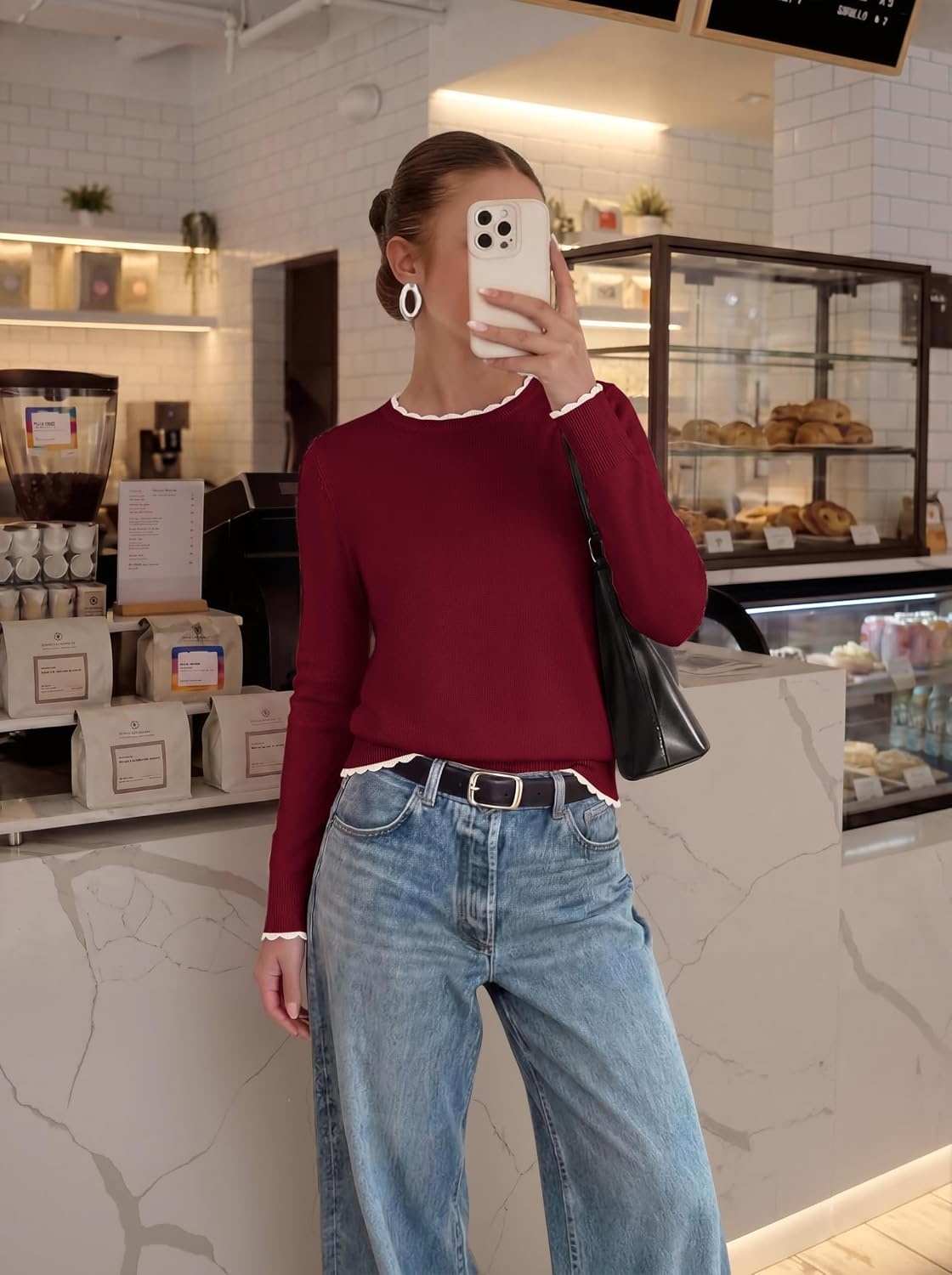 image:imageGRACE KARIN Cropped Sweaters for Women Lightweight Crew Neck Work Knit TopsWine Red