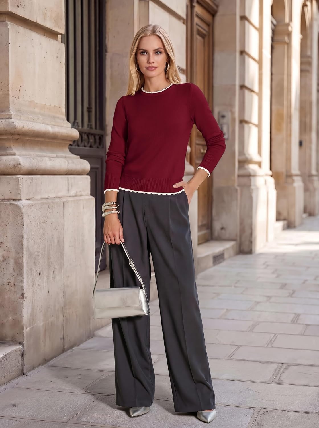 image:imageGRACE KARIN Cropped Sweaters for Women Lightweight Crew Neck Work Knit TopsWine Red