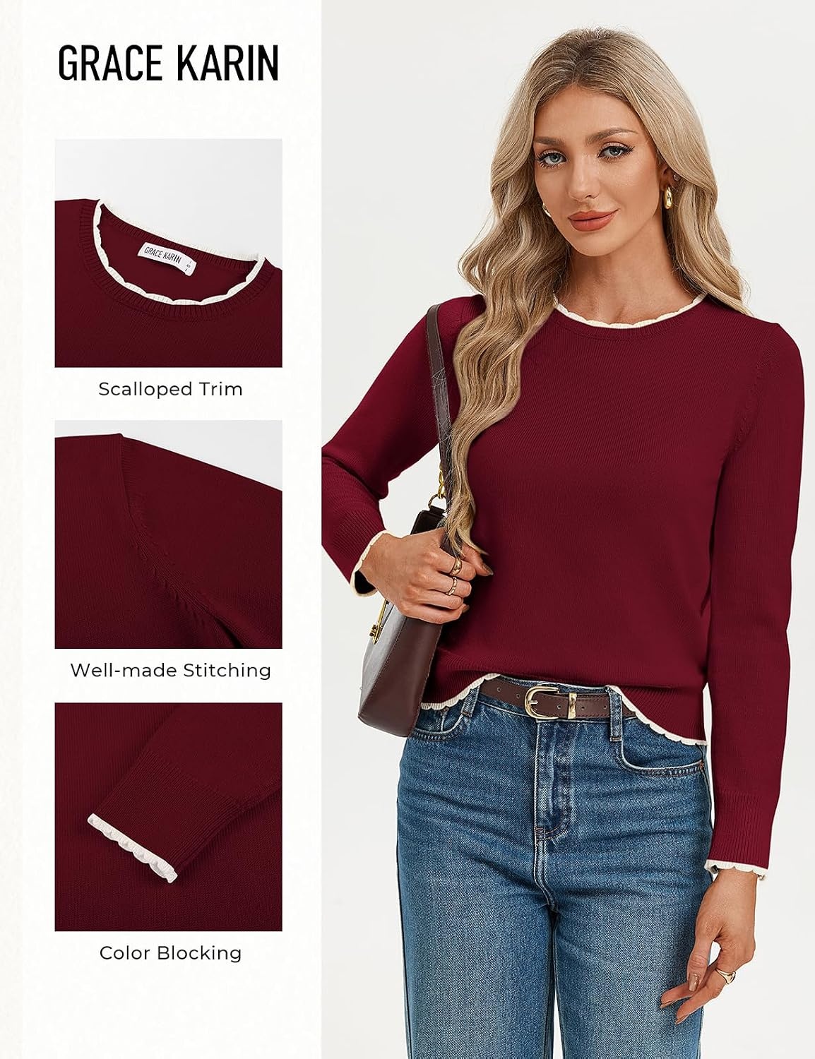 image:imageGRACE KARIN Cropped Sweaters for Women Lightweight Crew Neck Work Knit TopsWine Red