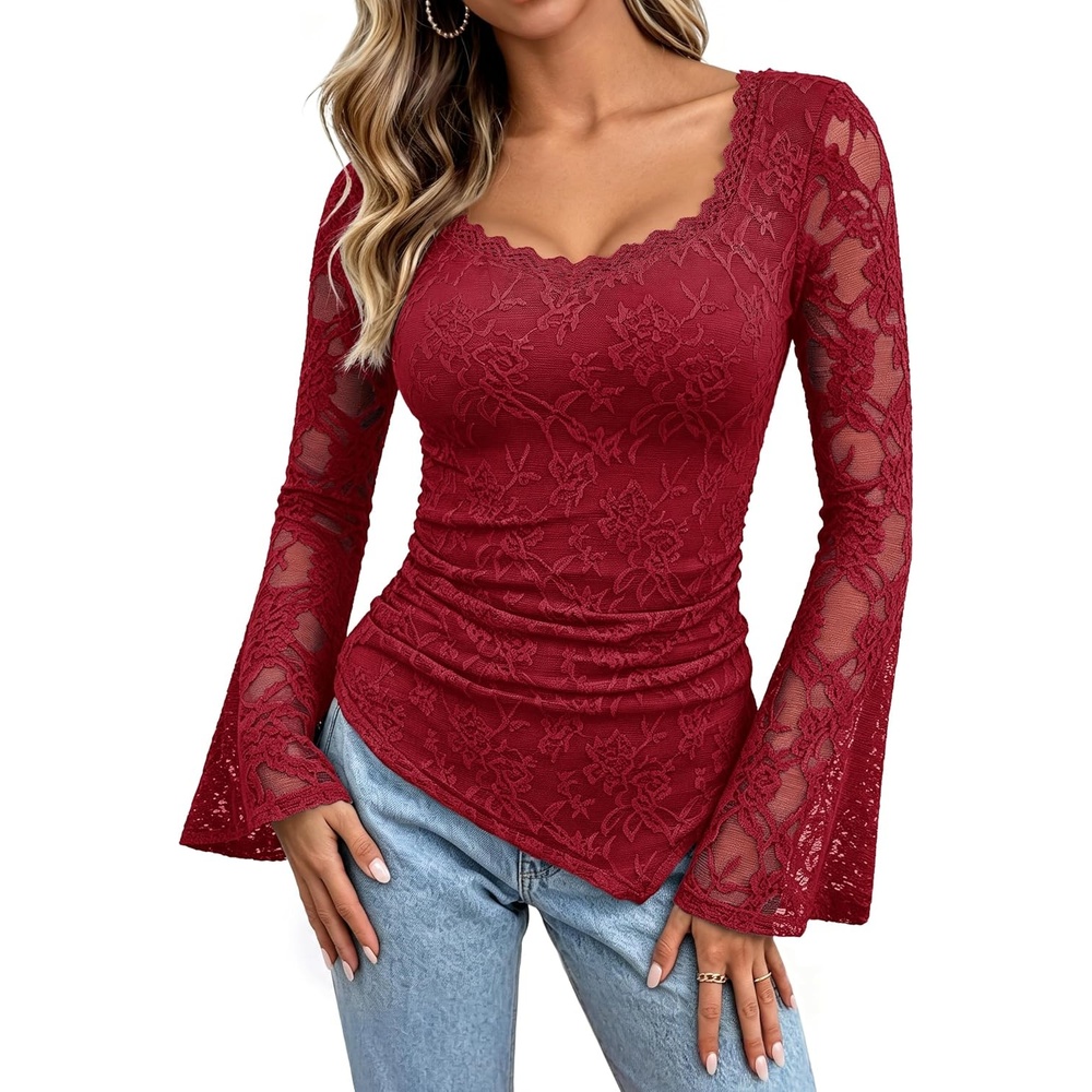 image:imageGRACE KARIN 2026 Women Lace Long Sleeve Boho Top Dressy Casual Fall ClothesBurgundy