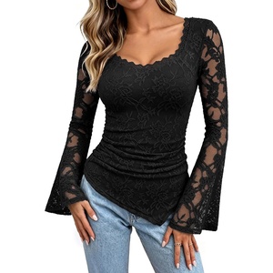 GRACE KARIN 2026 Women Lace Long Sleeve Boho Top Dressy Casual Fall Clothes(Black)