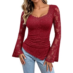 GRACE KARIN 2026 Women Lace Long Sleeve Boho Top Dressy Casual Fall Clothes(Burgundy)