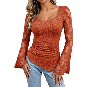 GRACE KARIN 2026 Women Lace Long Sleeve Boho Top Dressy Casual Fall Clothes(Caramel)