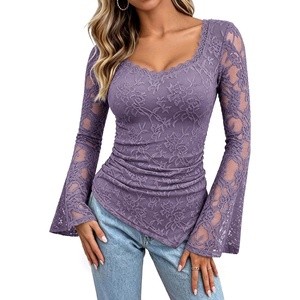 GRACE KARIN 2026 Women Lace Long Sleeve Boho Top Dressy Casual Fall Clothes(Lavender)