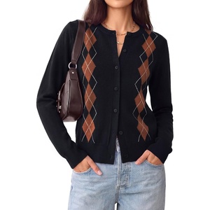 GRACE KARIN Cardigan for Women Argyle Fall Sweaters Cozy Teacher Outfits(Argyle Black Caramel)