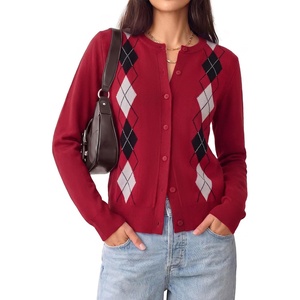 GRACE KARIN Cardigan for Women Argyle Fall Sweaters Cozy Teacher Outfits(Argyle Red Black)