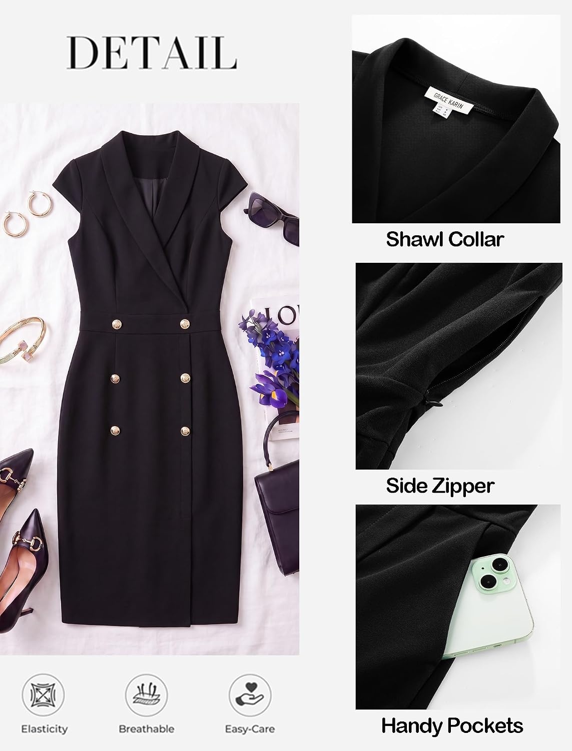 image:imageGRACE KARIN Womens Work Dress Cap Sleeve V Neck Blazer Sheath DressBlack