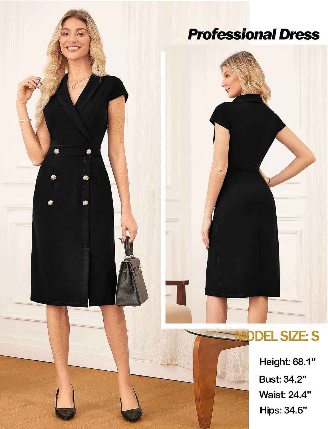 image:imageGRACE KARIN Womens Work Dress Cap Sleeve V Neck Blazer Sheath DressBlack