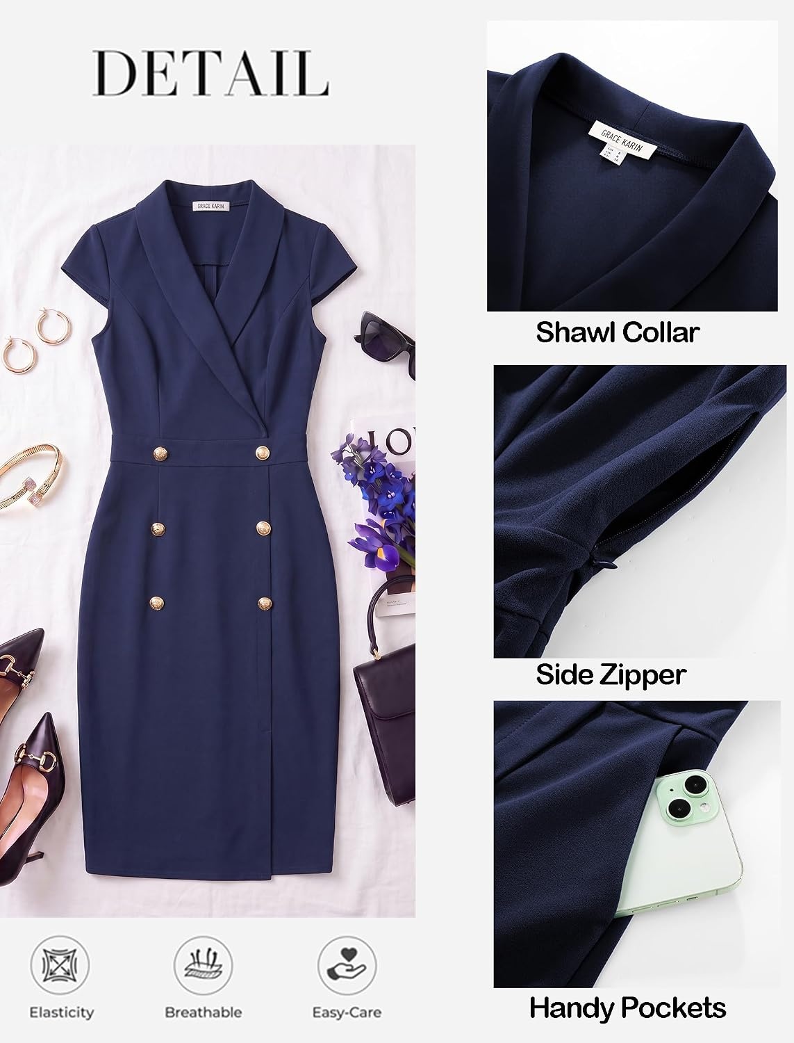 image:imageGRACE KARIN Womens Work Dress Cap Sleeve V Neck Blazer Sheath DressNavy Blue