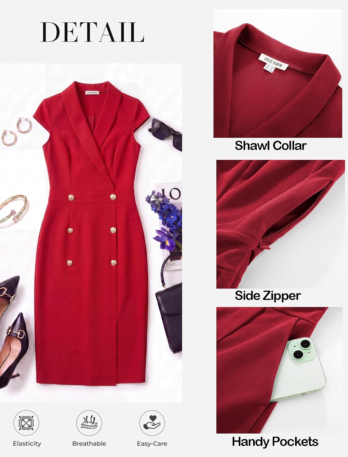 image:imageGRACE KARIN Womens Work Dress Cap Sleeve V Neck Blazer Sheath DressRed
