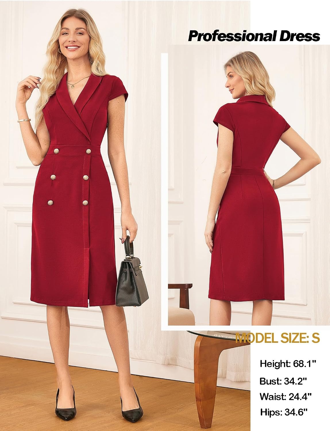 image:imageGRACE KARIN Womens Work Dress Cap Sleeve V Neck Blazer Sheath DressRed