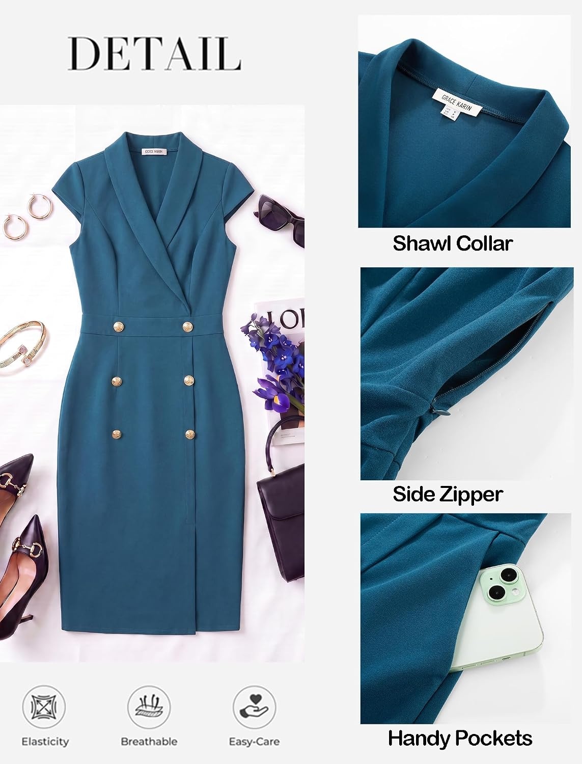 image:imageGRACE KARIN Womens Work Dress Cap Sleeve V Neck Blazer Sheath DressTeal