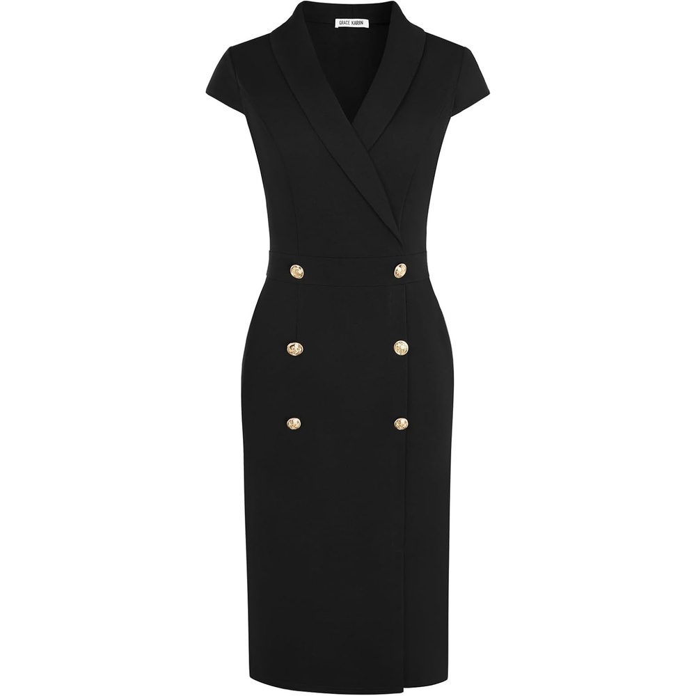 image:imageGRACE KARIN Womens Work Dress Cap Sleeve V Neck Blazer Sheath DressBlack