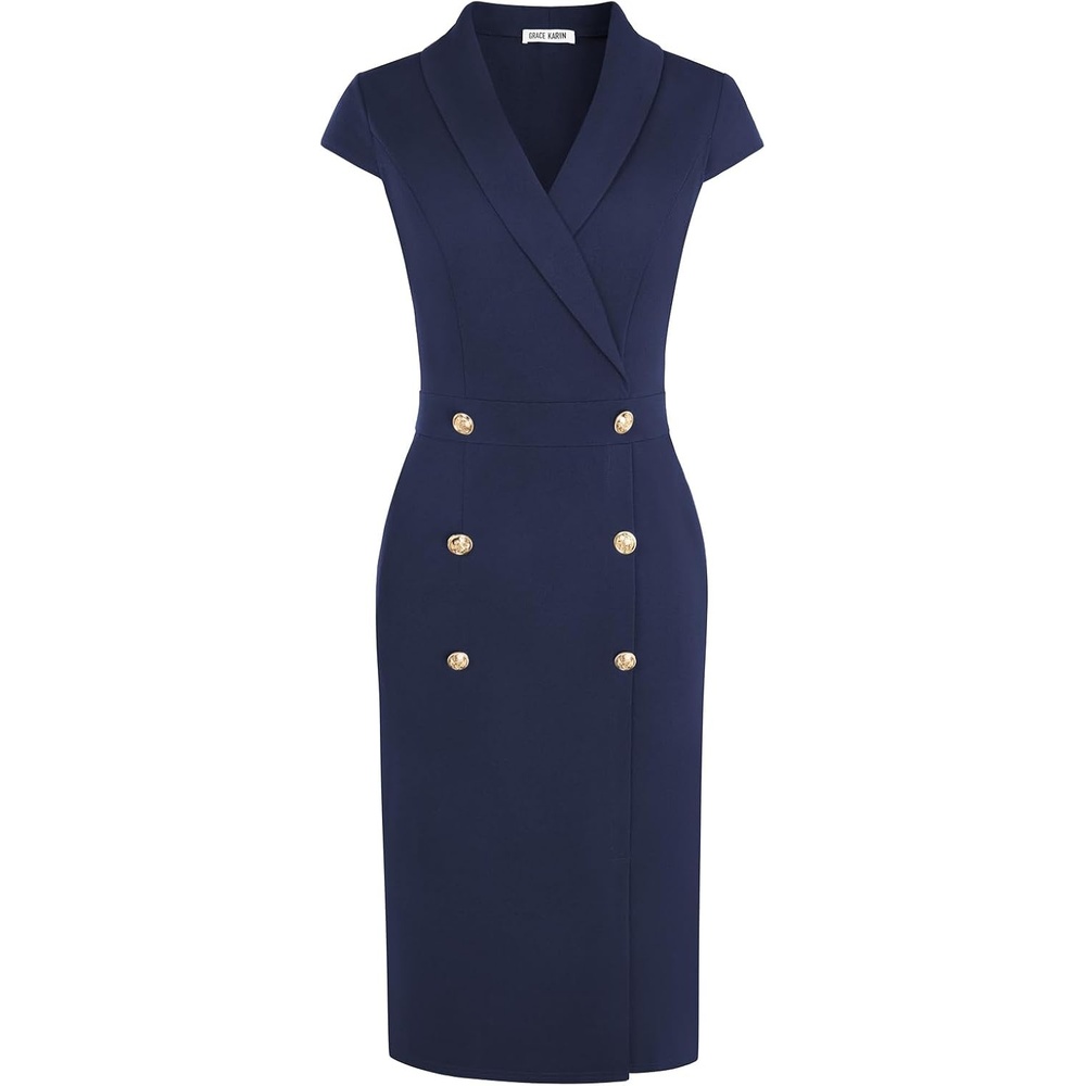 image:imageGRACE KARIN Womens Work Dress Cap Sleeve V Neck Blazer Sheath DressNavy Blue
