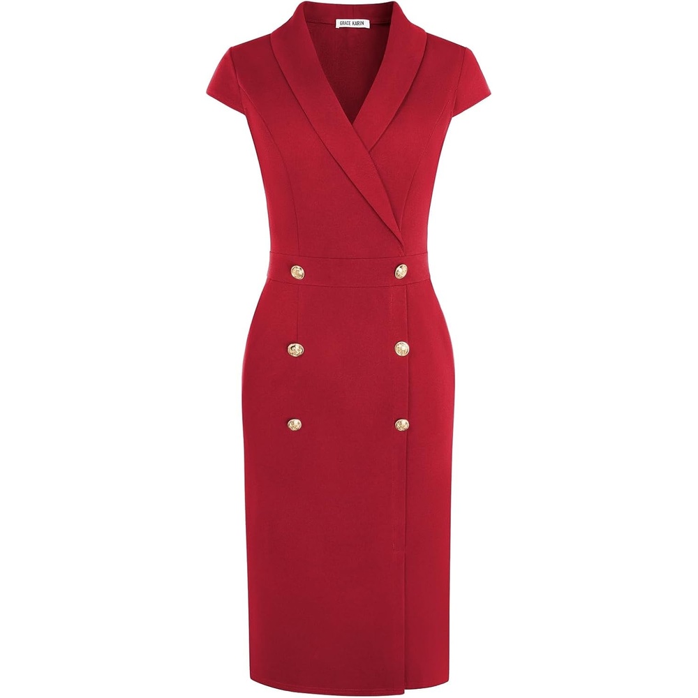 image:imageGRACE KARIN Womens Work Dress Cap Sleeve V Neck Blazer Sheath DressRed